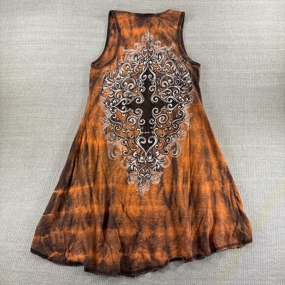 Vintage Grunge Long Tank Top Orange Tie Dye Black Cross Rhinestone Bling Y2K - Picture 6 of 8